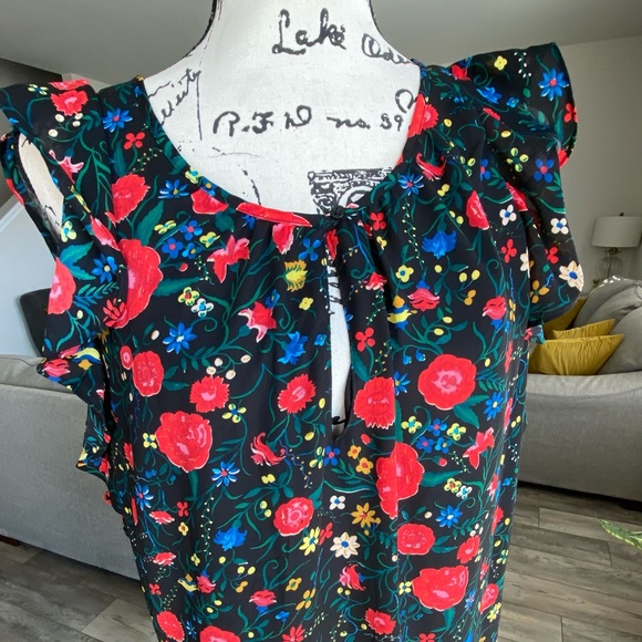 J. Crew Floral Flutter Sleeve Shift Dress Small Black Red #7 - Picture 6 of 11